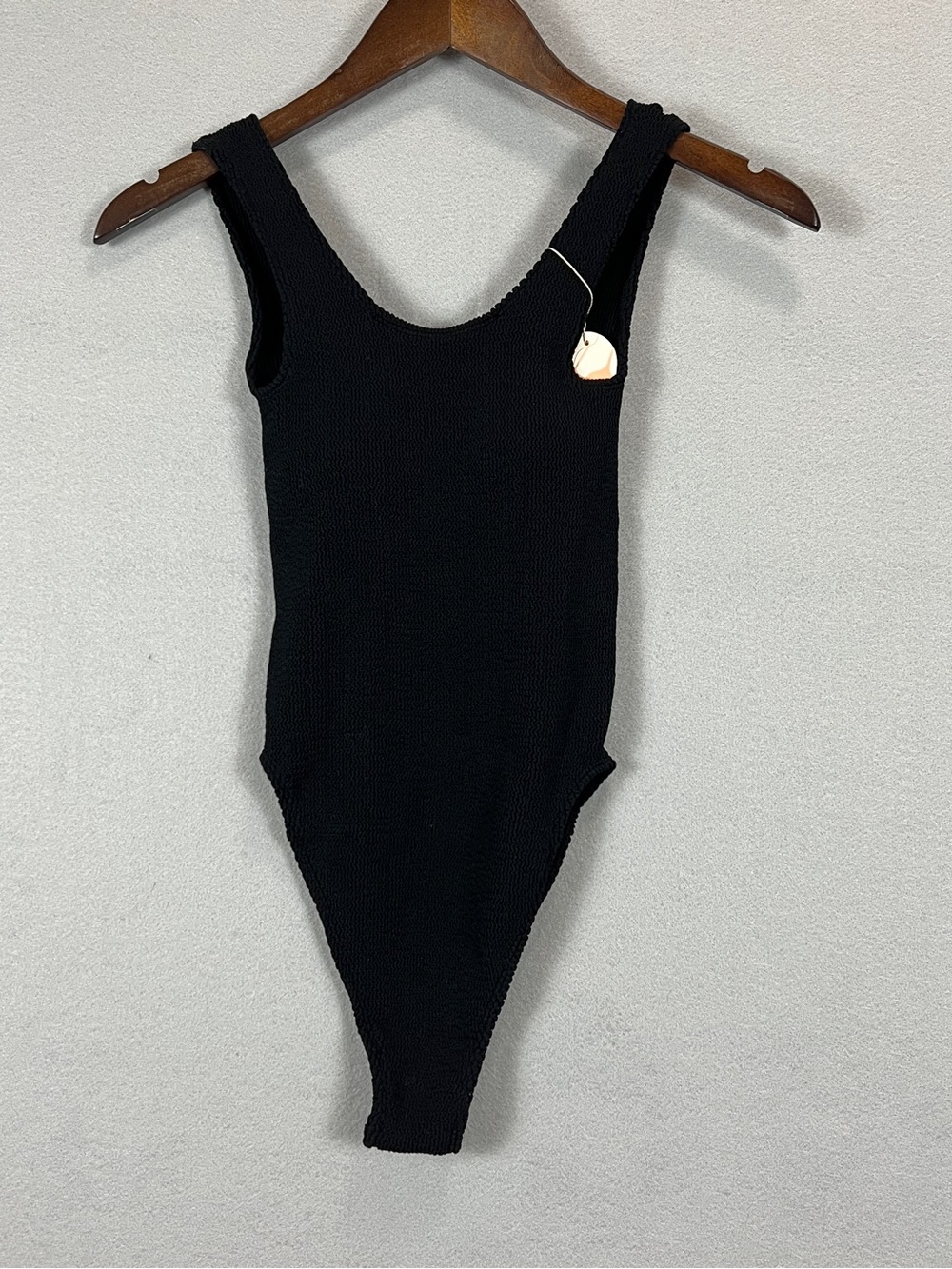 Summer Mae Women’s Black One Piece Swimsuit Crinkle High Cut Lycra NWT